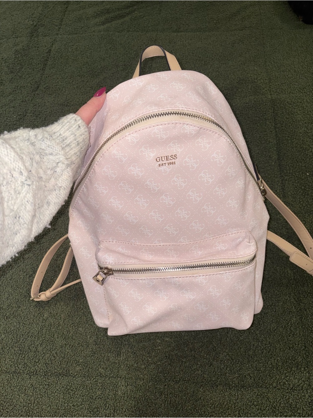 GUESS Light Pink Logo Backpack with Front Zip Pocket